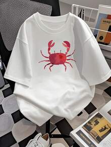 Camiseta gráfica moderna para mujer con ilustración de cangrejo divertido, cómoda camiseta de verano de mezcla de algodón, camiseta informal de manga corta con cuello redondo para un estilo diario, diseño único. - Blanco - Ver 2