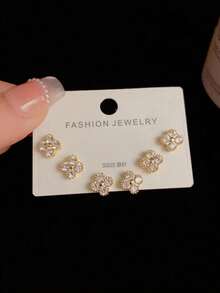 3 对奢华 925 银四叶草耳钉，微镶嵌方晶锆石，适合女性日常佩戴珠宝礼物 - 金色 - 查看 6