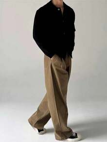Men Casual Slim Fit Solid Color Pants, Soft & Comfortable - Suitable For Daily Commute, Casual And Business Wear, Fall - Brown - View 6
