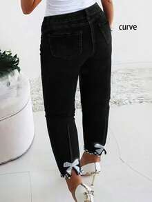 时尚水钻蝴蝶结修身加大码牛仔裤，休闲黑色春季款 - 黑色 - 查看 2