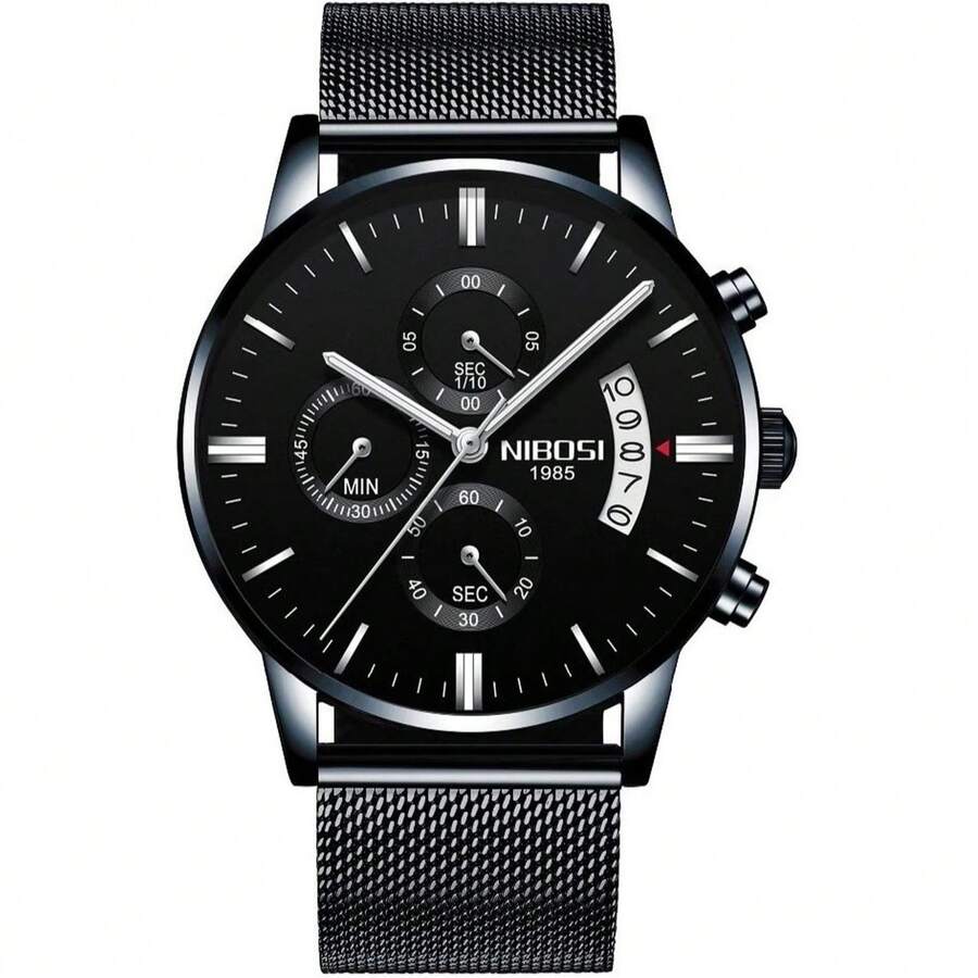 Vanglore Nibosi 2309 Men's Black Wrist Watch Mesh Strap Classic Elegant 43 Mm Functional Chronograph - màu đen - Xem 1