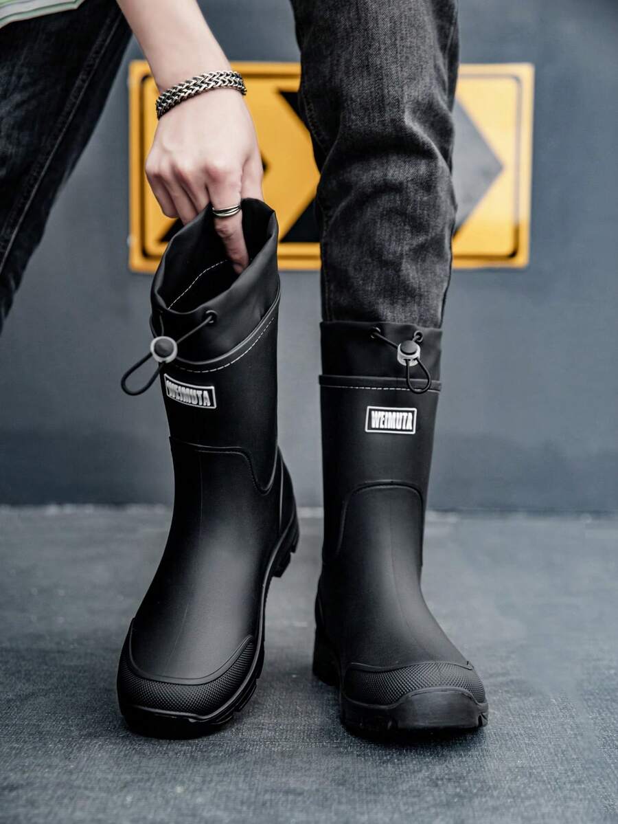 Fashionable Waterproof Rain Boots, Unisex Drawstring Mid-Calf Delivery Rider Work Boots, Thick Sole Anti-Slip Rubber Shoes