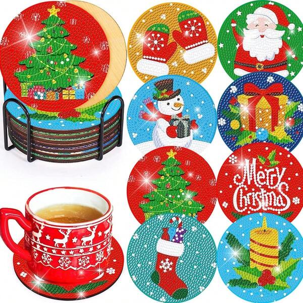 8pcs Diamond Painting Coasters, Christmas Theme Pattern, Diamond Painting Coasters With Holder, Adult Mosaic DIY Full Drill Set, Suitable For Beginners, Also Can Be Used For Wall Art Crafts
