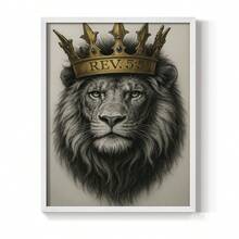 1pc Restickable Framed Lion Of Judah Art Print, Wood Frame, Biblical Inspired Regal Animal Wall Decor With Gold Crown & Scripture Accent, Spiritual Artwork For Living Room, Office, Or Prayer Room, Made In USA, Ready To Hang Art Prints - White - View 1