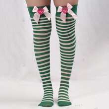1 Pair Women's Green & White Striped Bow Decor Over-The-Knee Socks