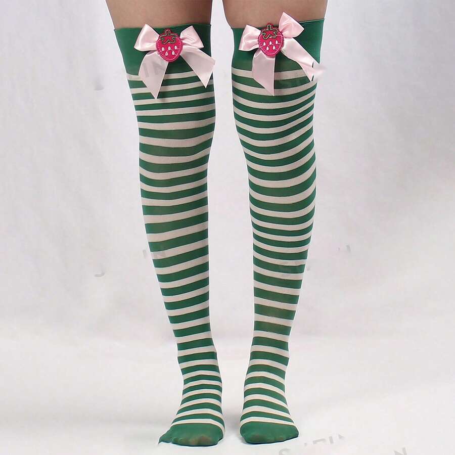 1 Pair Women's Green & White Striped Bow Decor Over-The-Knee Socks