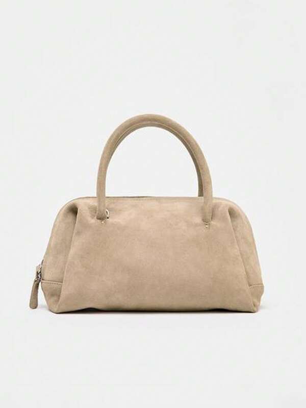 Women's Suede Shoulder Bag, Handbag & Crossbody Bag With Zipper, Bowling Bag Style, Boston Bag, Korean Fashion