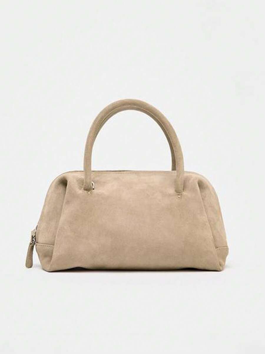Women's Suede Shoulder Bag, Handbag & Crossbody Bag With Zipper, Bowling Bag Style, Boston Bag, Korean Fashion - 米色 - 查看 1