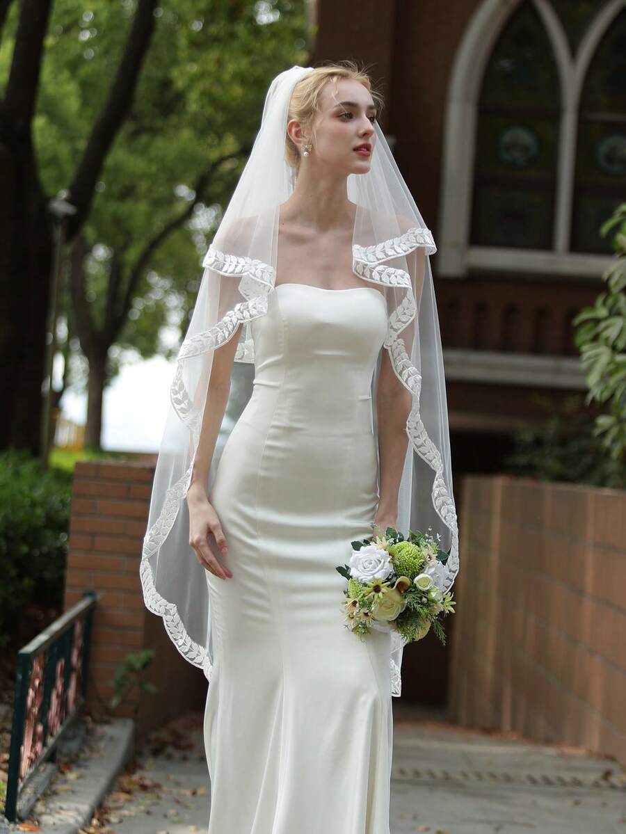 1 件时尚叶子刺绣弧形蕾丝新娘面纱，双层面罩配金属发梳，新娘婚礼揭幕面纱，新娘头饰秋季女士服装 - 樹葉花邊頭紗 - 查看 1