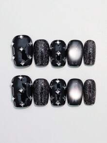 10pcs Pure Handmade Press Short Square Nails Black Nails Y2k Cool Personalized Fasion Hot Girl Style Cat Eye Delicate Small Rhinestones For Women And Girl,Fall Winter Festivals Halloween Party And Daily Life Use Nail Supplies - Black - View 2