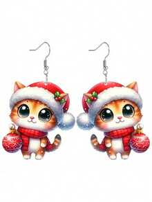 一对亚克力圣诞猫吊坠耳环，圣诞帽猫咪球形设计，可爱经典，送给她的最佳礼物 - 彩色 - 查看 2
