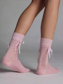 1 双女士纯色透气薄丝带系带蝴蝶结芭蕾袜，黑色、白色、灰色、粉色，春夏秋季 - 彩色 - 查看 6