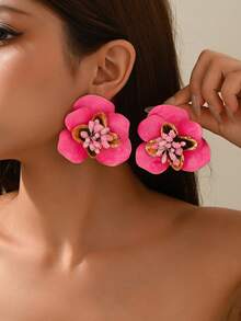 1 Pair Mori Style Sweet Fresh Floral Raffia Fabric Flower Tassel Earrings, Suitable For Women's Vacation And Daily Wear - Hot Pink - View 7