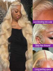 13x4 Lace Front Perücke aus menschlichen Haaren mit Kunsthaar-Mischung, HD transparente Spitze mit 200% Dichte, Körperwelle mit Baby-Haaren, vorausgerupfter Frontteil, für Frauen 30 Zoll, natürliche Haarlinien (613 Blond - Körperwelle)