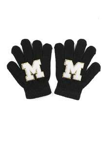 1 双儿童针织手套，带 26 个英文字母，男女通用保暖滑雪手套，Y2K 风格户外冬季手套，适合日常穿着和服装 - 黑色 - 查看 26