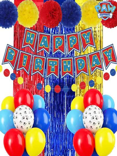 Paw Patrol 45pcs Paw Patrol Theme Red, Black, Blue Balloon Set, Red, Blue, Yellow Background Streamers, Paw Patrol Birthday Bunting Set, Suitable For Parties, Celebrations, Birthdays, Christmas, New Year And Various Festivals