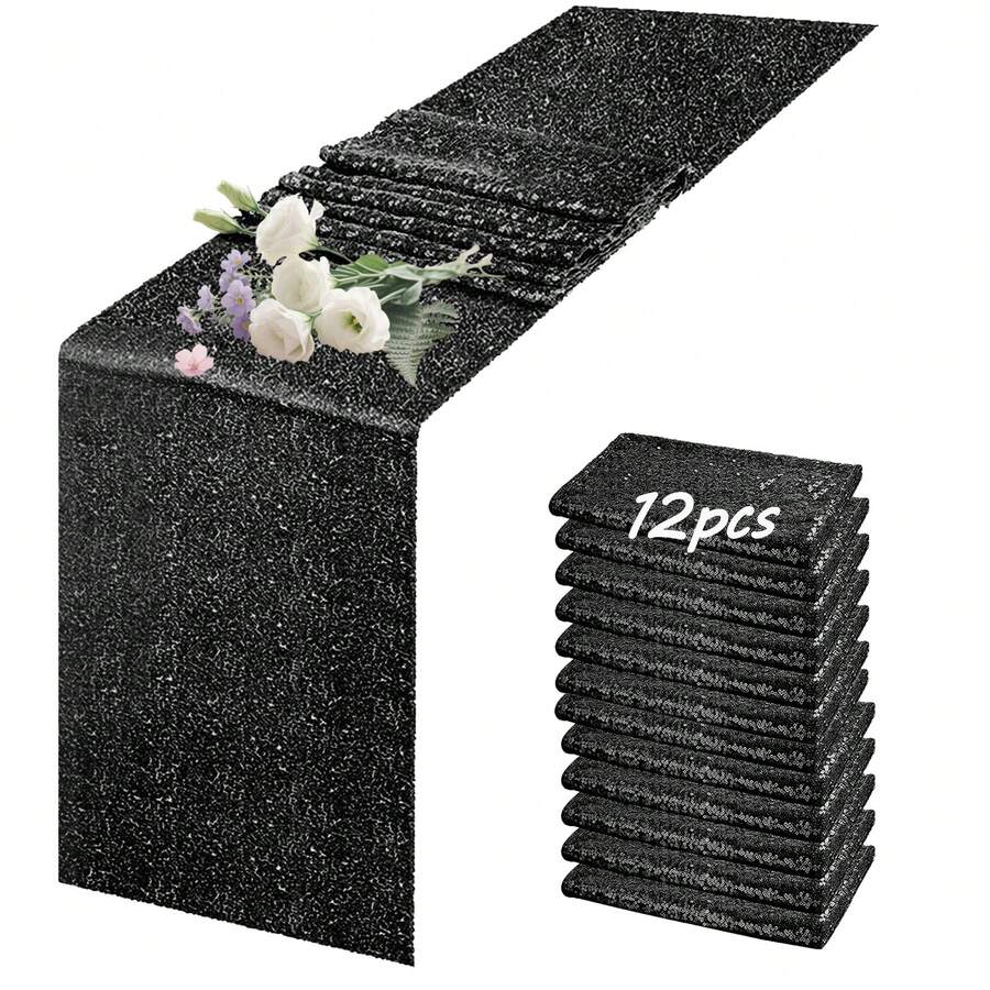 1/6/12Pcs Black Sequined Table Runner Set, 180/220/300x30 Cm, Disposable Party Tablecloth, Sparkly Wedding And Birthday Decoration, Suitable For Fall Weddings, Banquets, Parties, Bridal Showers And Table Decorations, Valentine's Day, Home Decor, Wedding Items, Room Decor, Western Decor,Spring Decor,Kitchen Decor,Living Room Deccor,Bachelorette Party,Easter Table Runner,Graduation,St Patrick's Day - 黑色 - 查看 1