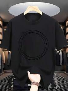 Camiseta casual de verano para hombre con estampado circular abstracto - Rosa suave, cuello redondo, manga corta, mezcla de poliéster ligero, lavable en máquina, camiseta de uso diario| Diseño minimalista| Textura suave - Oscuro - Ver 1