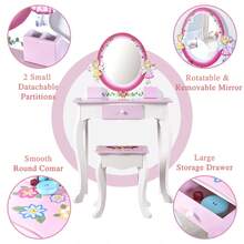 Children's Vanity Table Set | Kids Princess Dressing Table With Mirror And Stool | High Quality Wooden Dresser Table Set For Girls Makeup | Vanity Table With Mirror And Stool, Fashion Makeup Vanity Set With Drawer - Pink+White - View 5