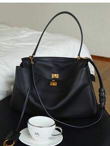 Genuine Leather Shoulder Bags For Women, Designer Handbags Women, Black Purses And Bags Ladies,  Travel Essential, Valentine's Day  Gifts Women, Luxury Brand Large-Capacity Bags, High-Quality Cowhide Crossbody Tote Bags, Armpit Bag, Lock, Multi-Compartment, Adjustable Shoulder Strap - 黑色 - 查看 12