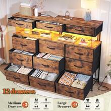 Tech-Enhanced Modern Dresser With Charging Hub & Ambient LED Lighting And 12 Customizable Fabric Drawers With 10MM Protective Acrylic Surface,Rustic Brown - View 3