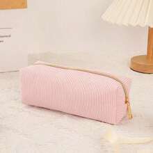 1pc High-Quality Corduroy Pencil Case - Spacious Polyester Supply With Zipper Closure, Mixed Colors White & Golden-Tone Zipper Pulls, Stylish Minimalist Design For Students & Professionals, Professional Organizer, Student Stationery Storage, Textured Fabric,Back To School,Pencil Pouch,School Bag