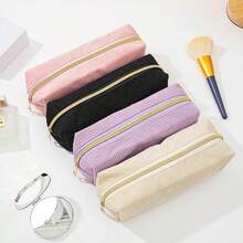 1pc High-Quality Corduroy Pencil Case - Spacious Polyester Supply With Zipper Closure, Mixed Colors White & Golden-Tone Zipper Pulls, Stylish Minimalist Design For Students & Professionals, Professional Organizer, Student Stationery Storage, Textured Fabric,Back To School,Pencil Pouch,School Bag
