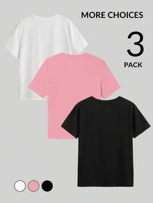3 pack Camiseta playera T-shirt mujer cuello redondo manga corta estampado grafico señas con manos amor y paz calavera rock estilo urbano diseño juvenil moderno estilo americano diseño urbano moderno cuello redondo manga corta primavera verano uso diario - Rosa - Ver 2
