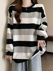 Otoño e Invierno Sudadera Suelta Mujer Simple Peplum Rayas Cuello Redondo Pullover - Negro - Ver 5