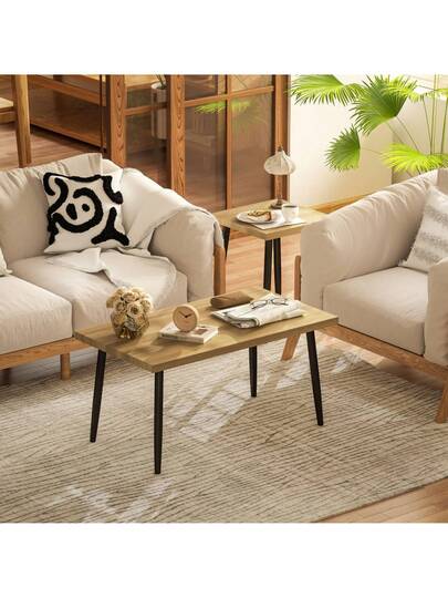 Coffee Tafel Set Of Side Tables Steel Frame, Living Room Bedroom Natural