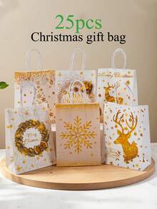 25pcs White & Gold Christmas Gift Bags, Party Handled Paper Bags With Reindeer & Snowflake Wreath Design, Suitable For Birthday, Anniversary, Garden Celebration, Christmas Gifts, Gift Sets, Christmas Themed Parties, Sturdy Paper Bag Material, Suitable For Christmas, Wedding Gifts, Online Gift Packaging