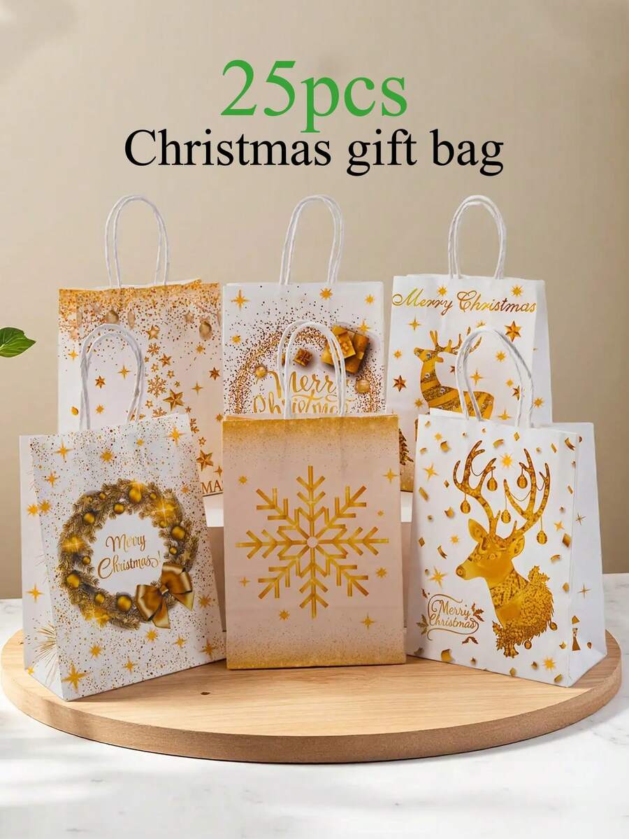 25pcs White & Gold Christmas Gift Bags, Party Handled Paper Bags With Reindeer & Snowflake Wreath Design, Suitable For Birthday, Anniversary, Garden Celebration, Christmas Gifts, Gift Sets, Christmas Themed Parties, Sturdy Paper Bag Material, Suitable For Christmas, Wedding Gifts, Online Gift Packaging