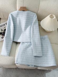 2 件套粗花呢短款夹克和迷你裙，仿口袋正面纽扣开合，优雅 - 淺藍色 - 查看 2