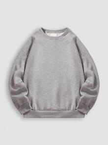 Sudadera de cuello redondo gris claro para mujer, hecha de tela de algodón gruesa con forro polar suave, cálida y cómoda, corte holgado, adecuada para otoño e invierno, versátil top de manga larga, talla grande - Fresno de flor - Ver 2