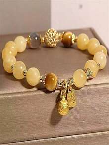 1Pc Bohemian Citrine Bead Bracelet: Gold Charm Natural Stone, Elegant Casual Jewelry, Perfect Gift - 黃色 - 查看 1