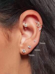 Bộ 3 đôi khuyên tai đinh tán phẳng bằng thép không gỉ, có thể xếp chồng lên nhau, ít gây dị ứng, unisex, đính đá Cubic Zirconia, màu bạc, nhẹ, phù hợp cho xỏ khuyên sụn tai, vành tai, nắp tai, dành cho cả nam và nữ. - Bạc-1# - Xem 5