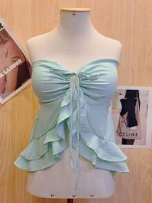 Butterfly Cropped Blouse With Ruffled Neck Tie - Màu xanh Bạc hà - Xem 1