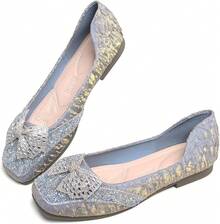 SAILING LU Square Toe Flats Shoes Rhinestoned Bowknots Ballet Flats For Women Studded Dress Shoes Comfort Light Weight LoafersChristmas - B-藍色 - 查看 5