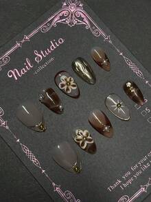 10片纯手工按压式可穿戴指甲，复古法式渐变杏仁可穿戴指甲，甜美酷炫气质动物元素，百搭可穿戴指甲，可拆卸重复使用，适合女性，适合度假或日常佩戴 - 巧克力棕 - 查看 2