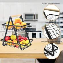 Double Layer Detachable Metal Storage Basket, Multifunctional Kitchen Counter And Catering Organizer, Used For Storing Fruits, Vegetables, Bread, Vegetable Storage Racks, Kitchen Accessories, Practical Racks - 黑色 - 查看 2
