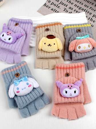  1双Sanrio可爱卡通图案保暖手套，柔软舒适，防风防寒，翻盖设计特别适合学生写作，秋冬