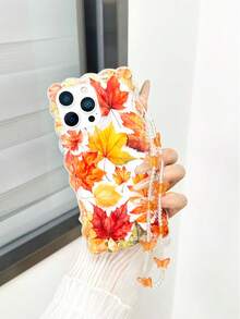 枫叶波浪边极简高端 TPU 彩绘防震手机壳，配手工串珠手链配件，适用于 17pro/17Air /17/17promax16/11/16pro/16plus/16promax/16e/15Promax/13/14/12/XS/XR/7G/8P、XR /7/8、 15 Promax、 13、 14、 11、软保护壳，枫叶波浪边 TPU 彩绘防震软手机壳，兼容 12/14 - 彩色 - 查看 2