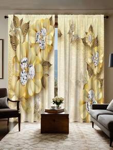 2pcs Elegant Yellow Floral High Definition Digital Print Curtains, Semi-Sheer Polyester Fabric With Rod Pocket Design - Suitable For Living Room, Bedroom, Kitchen, Cafe, Adding Style (Print Effect, No Valance) Single Layer Digital Print Curtain - Multicolor 1 - View 15
