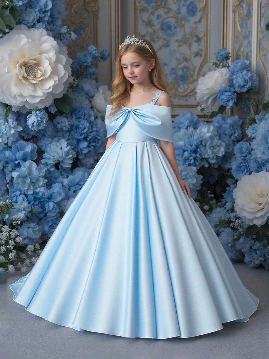 青少年女孩露肩蝴蝶结花童礼服，奢华公主礼服，适合优雅婚礼、派对、生日、圣餐、伴娘 - 藍色 - 查看 1