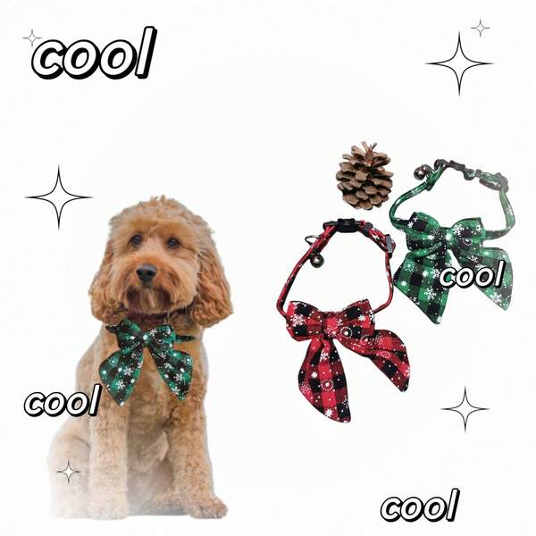 Adjustable Plaid & Snowflake Pattern Pet Collar With Bowknot And Bell, Suitable For Medium And Small Dogs Like Teddy And Corgi, Christmas Decoration Collar