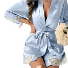 A Women's Solid Color Short-Sleeved Bathrobe, Suitable For Spring And Summer, Home Wear, Hotel Wear, Party Wear, Swimming Wear,Home Use,Weeding Season Short Dress Gown Initial Letter Robe, Morning Robe And Sleeping Robe,Bridal Party Prep Wear,Wedding - Light Blue - View 7