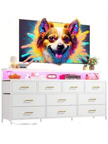 EnHomee 55" W Long Dresser With 10 Fabric Drawers & LED Lights & Power Outlets, Large Dresser For Bedroom, Room Decor, Home Decor, Suitable For 60" TV, White - 美規A型插(110-127V) - 查看 9