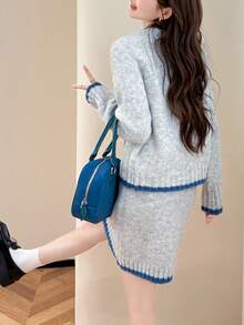 Alicedudu 2 件女式撞色圆领毛衣和迷你裙套装，秋冬