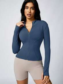 1pc Solid Color Thumb Hole Long Sleeved Sports Zipper Jacket Yoga Comfortable Activewear For Fitness Gym Running And Outdoor Activities Summer Conjunto Deportivo Mujer - 鯨藍 - 查看 4