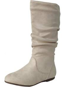 Women's Soft Suede Low Heel Mid Calf Boots| Fall Outdoor Footwear With Side Zipper & Non-Slip Sole - Flat Boots,Slouch Boots For Women-2025 - 米色 - 查看 2